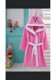 Resim Çocuk Kapüşonlu Pembe Tavşan Desenli Pamuklu Bornoz Pembe 