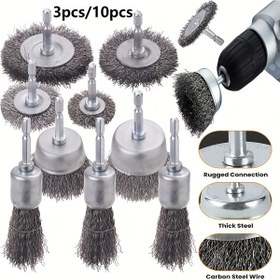 Resim 3'lü/10'lu Tel Fırça Tekerlek Seti, 1/4 İnç Altıgen Saplı 0.012 İnç Kaba Karbon Çelik Kıvrık Tel Fırça - Pas Temizleme, Soyma ve Zımparalama için Matkap Ucu 
