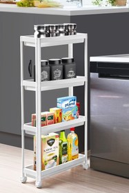 Resim Omaş Household Product Tekerlekli Dikdörtgen 4 Katlı Raf Ünitesi Beyaz Banyo Mutfak Düzenleyici Organizer Raf 