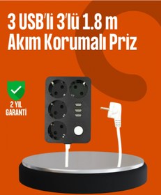 Resim Genel Markalar Akım Korumalı 3 USB Portlu 4’lü Priz 4.1A Hızlı Şarj 