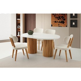 Resim Açılır Oval Hıgh Gloss Yemek Masası Takımı Masal Sandalye Natural 1 Masa 4 Sandalye Beyaz 