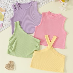 Resim 4'lü Bebek Kız Kolsuz Tank Topları - İlkbahar/Yaz Rahat Düz Renk, Konforlu Polyester Karışımı, Güvenli Uyum için Ayarlanabilir Askılar, Oynak Bebek Giyim|Kolsuz Bebek Üstleri|Esnek Bebek Giyim, Bebek Kız Kıyafetleri 