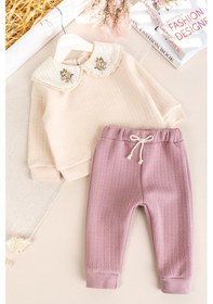 Resim Bebe Yaka Çiçek İşlemeli 2'li Kız Bebek Takım Set Gülkurusu 