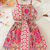 Resim HWMFSNHFZ Canlı Çiçek Baskılı Kız Elbisesi - Rahat Yaz Stili, Omuzdan ve Belden Açık Tasarım, Kolsuz, Diz Boyu, Polyester, Makinede Yıkanabilir - Günlük Geziler İçin Mükemmel, Kızlar İçin Giyim 