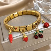 Resim 1 Adet Vintage Bohemian Elastik Paslanmaz Çelik Bilezik Kadınlar İçin - Ayarlanabilir Esnek Altın Tonlu Zincir Kırmızı Emaye Kiraz, Çilek, Elma & Acı Biber Kolye Uçları ile, Partiler için Su Geçirmez Kare Bezel Takı, Müzik Festivalleri, Mardi Gras, Festival Takısı, Parti Aksesuarı, Canlı Kolye Uçları, Dayanıklı Toka 