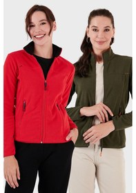 Resim Lela Slim Fit Anti-Pilling Tüylenme Yapmayan Fermuarlı Cepli Hırka 2' Li Paket Bayan Polar 5907002S2 Kırmızı-Haki 