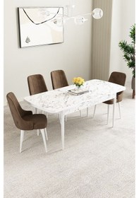 Resim Clara Beyaz Mermer Desen 80x132 Açılabilir Mdf Masa Yemek Odası Takımı,mutfak Takımı 4 Adet Sandalye Kahverengi 