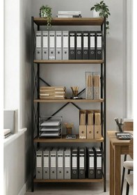 Resim Metal Gövdeli Kitaplık, Çok Amaçlı 5 Katlı Mutfak & Banyo Rafı - Kahve Ahşap 
