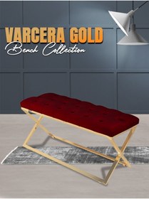 Resim Gazzini furniture Varcera Gold Bench Çapraz Metal Ayaklı Kapitoneli Model Bordo Puf 