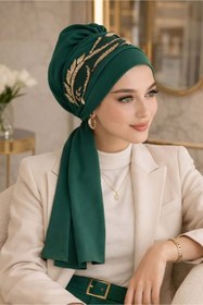 Resim Aişe tesettür Zümrüt Simli Motifli Atkılı Abiye Bone 