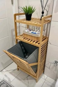 Resim Bambu Çamaşır Sepeti Raflı & Kirli Sepeti İç Bölmeli 40x30x95 cm 