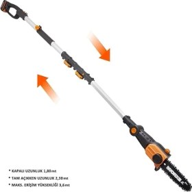 Resim WG349E 20VOLT 2.0AH Li-Ion Tek Akülü 20CM Profesyonel Teleskobik Saplı Açı Ayarlı Zincirli Dal Budama 