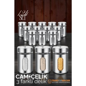 Resim Cam+Çelik Tuzluk Biberlik Karabiberlik 3 Farklı Delikli 12 Li Set 721946 