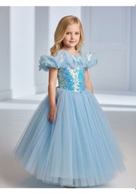 Resim Zekids Kız Çocuk Kelebek Detaylı Tül Abiye Elbise-17246 Mavi 