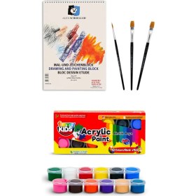 Resim Glance Resim Defteri 25X35 Spiralli 165 gr 15 Yaprak Funny Kids 12 Renk Akrilik Boyası 12X15 ml Set 