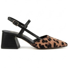 Resim Leopar Desenli Sivri Burun Alçak Kare Topuklu Elegant Slingback Ayakkabı - Premium Kumaş Dokulu Arkası Açık Tasarım Ayakkabı 