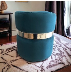 Resim Yaren Home Dizayn Puf Lüks Silinebilir Kumaş Kapitoneli Gümüş Detaylı Turkuaz Mavi 