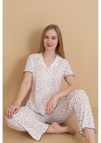 Resim Wordex Mirano 1714 Çiçekli Pointel İnce Kumaş Düğmeli Kısa Kollu Kadın Pijama Takımı Ekru 