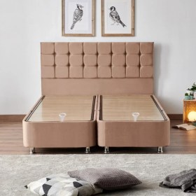 Resim Niron Yatak Niron Rama Baza ve Başlık Seti 180 x 200 cm Çift Kişilik Sütlü Kahve Kumaş Baza ve Başlığı Soho Kumaş 