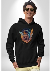 Resim Bulutlar Astronot Uzay Kadın Erkek Siyah Kapüşonlu Sweatshirt Hoodie Siyah 