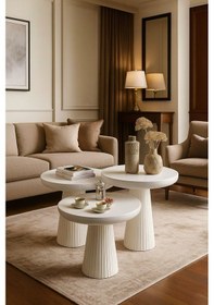 Resim Wood Ahşap Beyaz 3 Lü Set Mantar Yan Sehpa Fiskos / Wooden Coffee Table / Zigon Sehpa Beyaz 