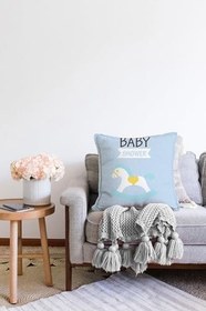 Resim RealHomes Çift Taraflı Mavi Zeminde Bebek Arabası Desenli Bebek Odası Raşel Örme Yastık Kırlent Kılıfı, Sonil-K4465m-43x43cm 