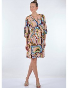 Resim Explosion Midi V Yaka Sarımlı Elbise - Geometrik Desen - Günlük L 