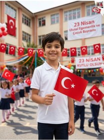 Resim Premium 23 Nisan Türk Bayrağı - 50 Adet Toptan Paket Alpaka Kumaş Plastik Saplı 20x30cm Tek Ebat 