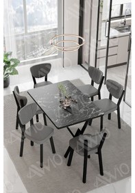 Resim Avvio Elma Sandalye 80x140 Yemek Masası Mutfak Masası 6 Kişilik Masa Sandalye Takım Siyah Mermer 