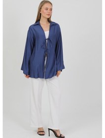 Resim Doğal Viskon Kumaş Cepli Bağcıklı Kadın Kimono 1167 Hafif, Dökümlü, Akışkan, Yazlık Model İndigo 