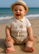 Resim Cherub Baby Kaplumbağa Baskılı Keten Dokulu Pamuklu Bebek Yazlık Tulum 