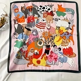 Resim 1 Kadınlar için Eğlenceli Hayvan Baskılı Kare Eşarp - Sevimli Karikatür Hayvanlarla, Canlı Renkler ve Fantezi Desenlerle Şık Polyester Boyun Aksesuarı, Modaya Uygun Kıyafetler İçin Mükemmel 