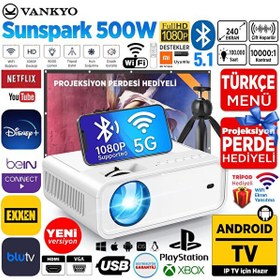 Resim Vankyo Sunspark 500W Android TV 1080P Destekli Projeksiyon Cihazı 5G Wi-Fi 5.1 Bluetooth - LCD LED - 240 inç Yansıtma Vankyo