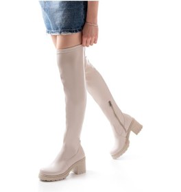 Resim 767-3010 Bej Streç Günlük Kalın Topuklu Kadın Çizme Resimdeki Renk 
