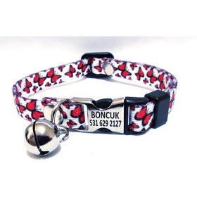 Resim Ayz Markalama İsimli Metal Kilitli Kedi Tasması Beyaz - Kırmızı M 