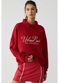 Resim Urban Beat Steffı Kadın Triko Polo Yaka Baskı Detaylı Relaxed Kırmızı Sweatshirt Kırmızı 