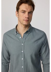 Resim Tudors Erkek Slim Fit Dar Kesim %100 Pamuk Keten Doku Düğmeli Yaka Gri Gömlek-27505 