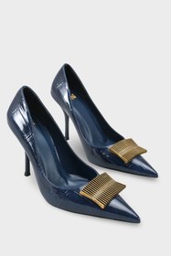 Resim Kadın Stiletto Sivri Burun Altın Toka Detaylı Günlük Topuklu Ayakkabı Corso Laci Kroko 