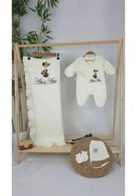 Resim Gros Shop Müslin Yeni Doğan 4katlı Organik %100pamuk Kişiye Özgü Nakışlı Hastane Çıkış Seti-yeşil Ayıcık Balon Ekru-1 