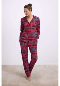 Resim Man11580-1011 Anil Ev Giyim Anıl Kadın Uzun Kol Düğmeli Gömlek Ve Ekose Pantolon Pijama Takımı 11580 Bordo 