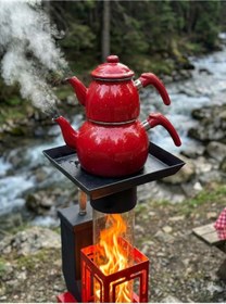 Resim DT DEFNE TASARIM Pelet Soba Roket Pelet Sobası Kasalı Muhafazalı Tekerlekli Pelet Soba Kırmızı 