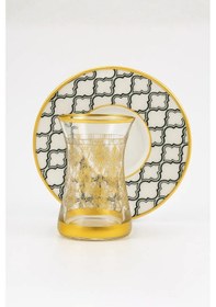 Resim 12 Parça Altın Yaldız Desenli Çay Bardağı Ve Desenli Tabak Seti Çok Renkli 