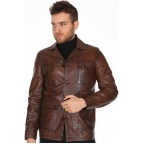 Resim Hakiki Kuzu Derisi Fermuarlı Dört Cepli Düğme Detaylı Erkek Deri Ceket Kahverengi Kahverengi 