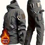 Resim Erkekler İçin 2 Parça Kışlık Termal Sharkskin Ceket & Polar Pantolon Takımı - Fermuarlı Cepli Softshell Kapüşonlu Tulum, Kayak Kamp Kar Yağmuru ve Açık Hava Sporları İçin Makinede Yıkanabilir (Kemer Deliksiz), Erkekler için kış pantolonları, Erkekler için kışlık uzun pantolonlar, Erkek Kış Giysileri, Erkekler için Kışlık Eşofman Takımı 
