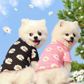 Resim Papatya Baskılı Köpek & Kedi Tişörtü - Yumuşak Polyester, Üstten Giyilen Stil, Küçükten Büyük Irklara Uygun - İlkbahar/Sonbahar Moda Aksesuarı 