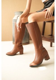 Resim Morena Taba Deri Topuklu 5 Cm Topuklu Yanı Fermuarlı Günlük Kullanım Çizme Taba Deri 