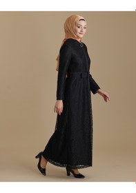 Resim Siyah Bütün Dantelli Fermuarlı Belden Kemerli Tesettür Ferace 001 