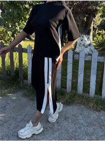 Resim WeShaya Siyah Polyester Keten Çizgili Yandan Takım Siyah 