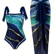 Resim Büyük Beden Vacay Tankini Seti, Kadın Plus Colorblock Şerit Baskı Kare Yaka Kravat Omuz Bodysuit & Yan Kravat Maxi Bodycon Etek Tankini İki Parça Set 