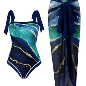 Resim Büyük Beden Vacay Tankini Seti, Kadın Plus Colorblock Şerit Baskı Kare Yaka Kravat Omuz Bodysuit & Yan Kravat Maxi Bodycon Etek Tankini İki Parça Set 